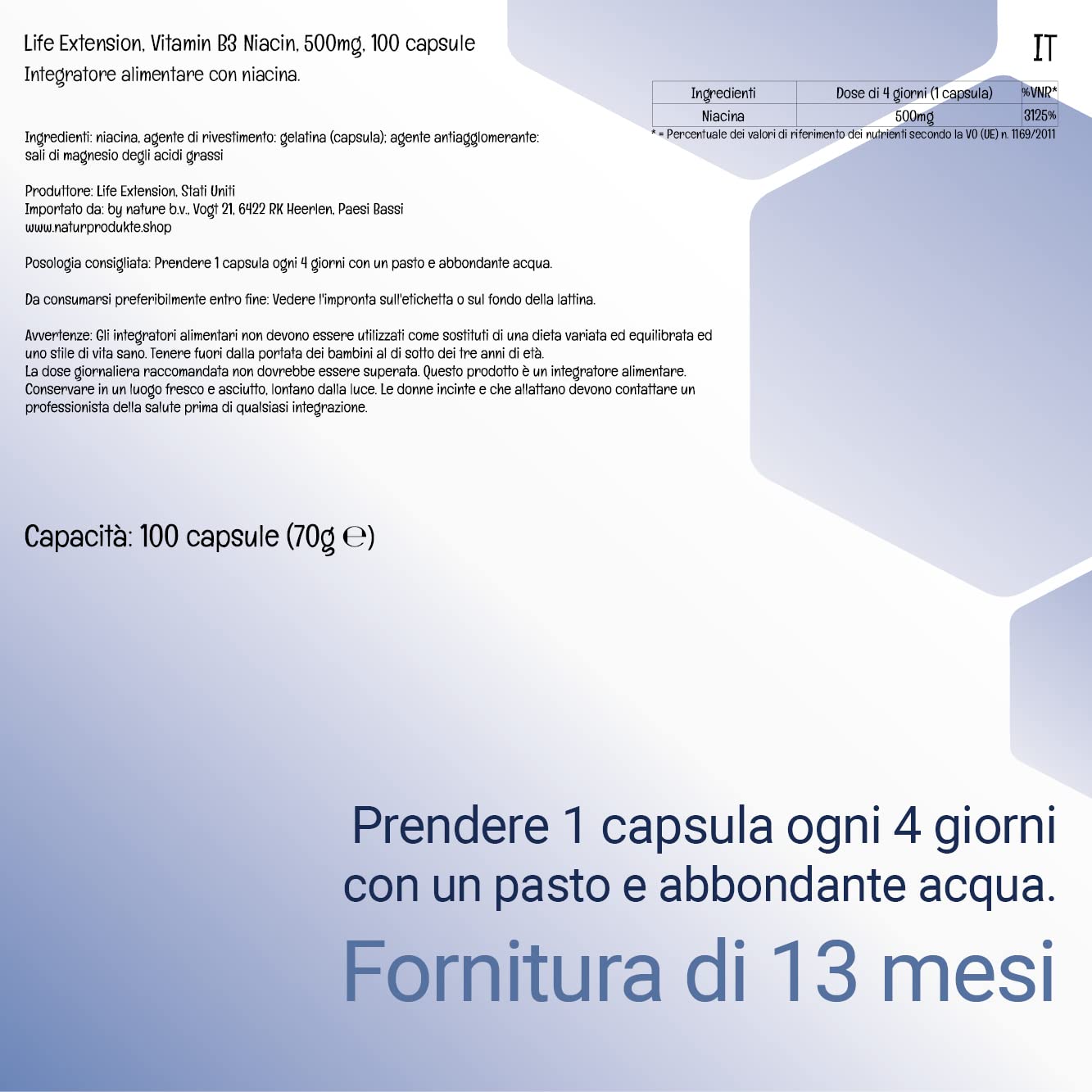 Life Extension, Niacina (Vitamina B3), 500 mg, Altamente Dosata, 100 Capsule, Testata in Laboratorio, Senza Glutine, Senza Soia, Non OGM