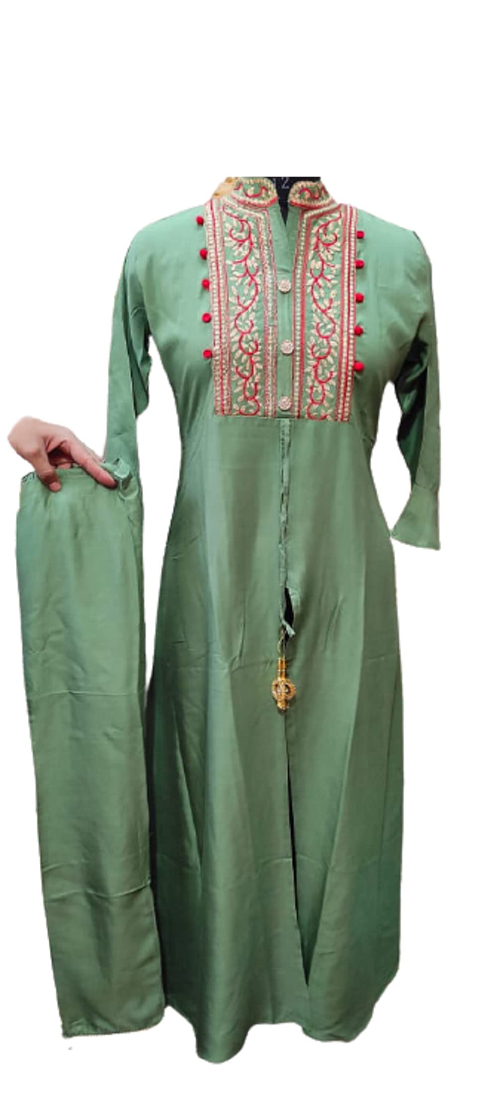 G S Design Women's Reyon Kurti with Pants Full Sleeves (2XL, Elaichi)