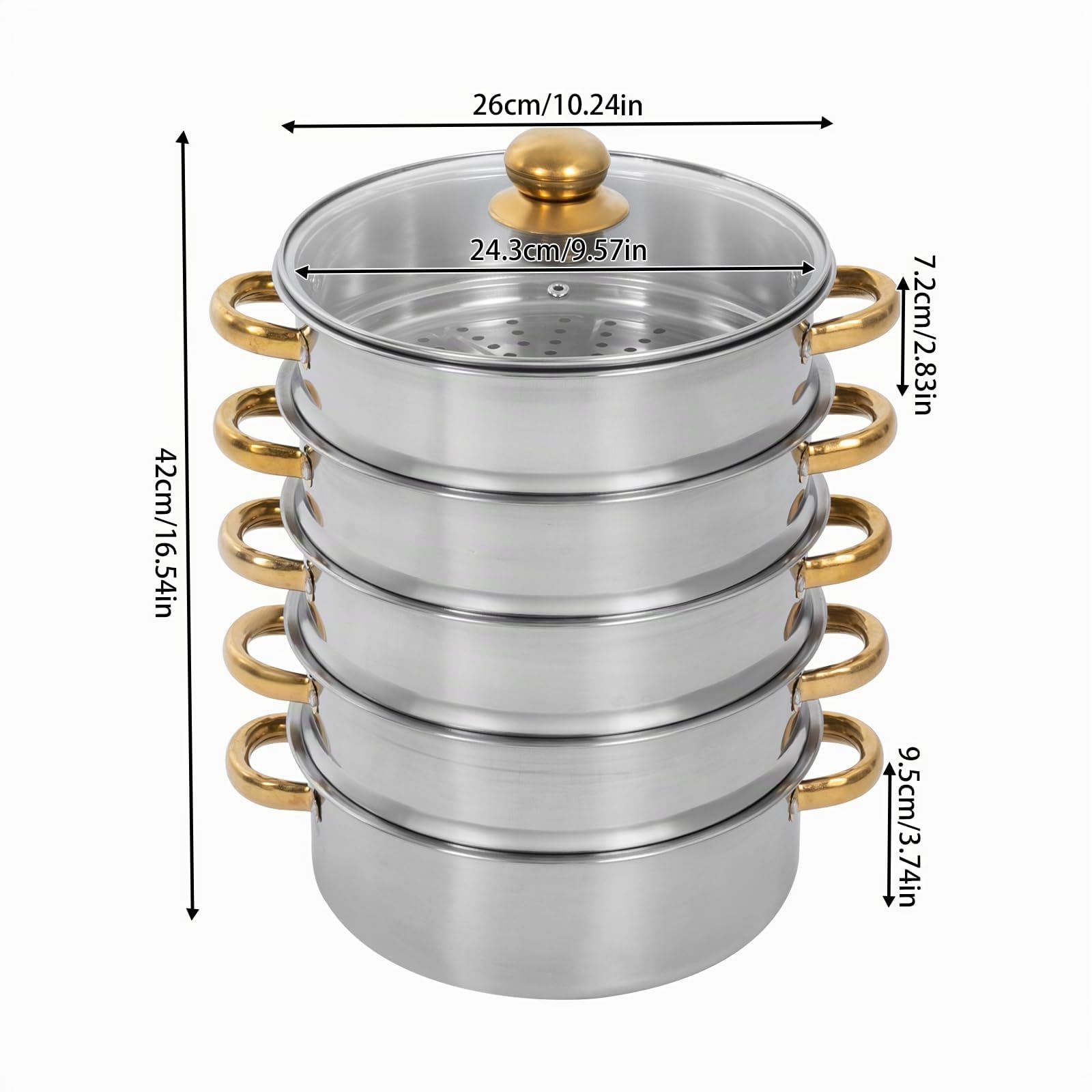 Cuiseur vapeur en acier inoxydable - 26/28/30 cm - 5 étages - Avec couvercle en verre - Doré/argenté - Convient pour plaques de cuisson à gaz, plaques à induction et casseroles électriques en argile -