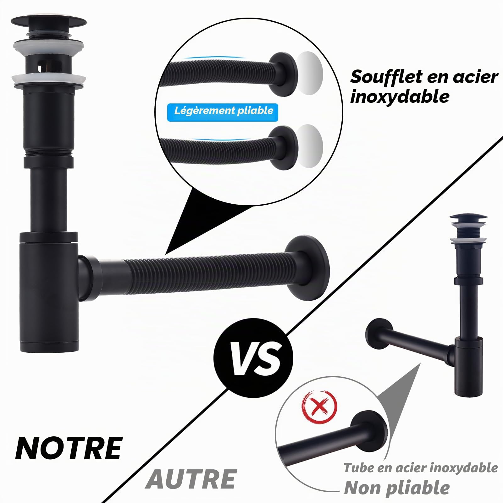 HOMELODY Siphon lavabo avec bonde à valve pop-up pour un style noir mat élégant dans votre salle de bain, siphon universel en laiton avec bouchon de lavabo et ouverture de nettoyage