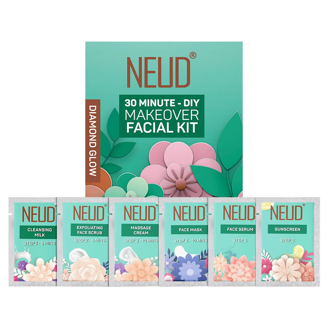 NEUD Xpose Yourself 6-Step Diy Diamond Facial Kit For Women Glowing Skin, Tan Removal & Skin Lightening, Salon-Like Glow At Home In 30 Minutes, Suitable For All Skin Types (60 G) Pack Of 1