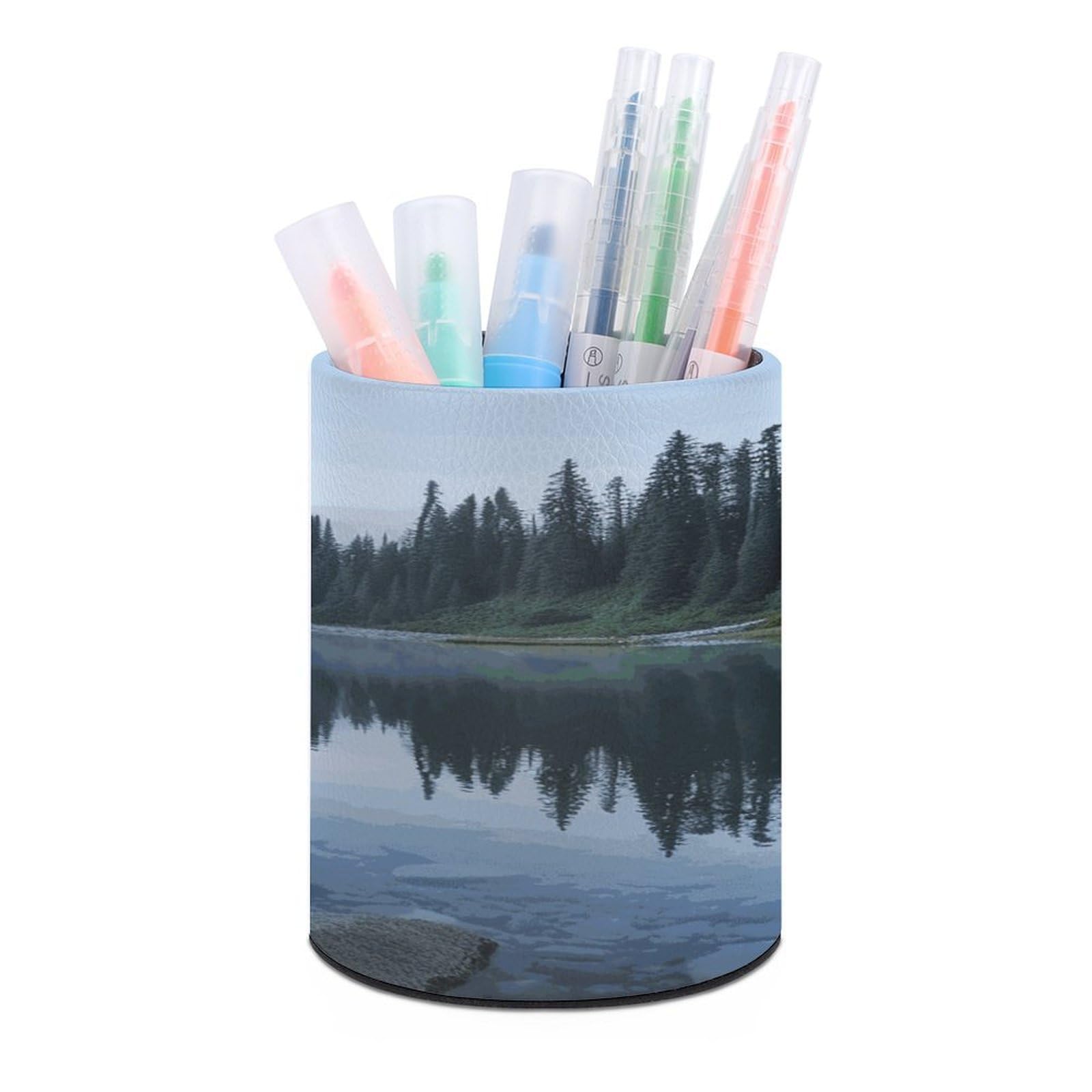 JTREHY Foggy Lake by Mount Rainier Pen Holder Round Pen Pencil Holder Makeup Brush Holders Cup PU Leather Pencil Cups Desktop Caddy Stationery Organizer Case Office Accessories Container Box