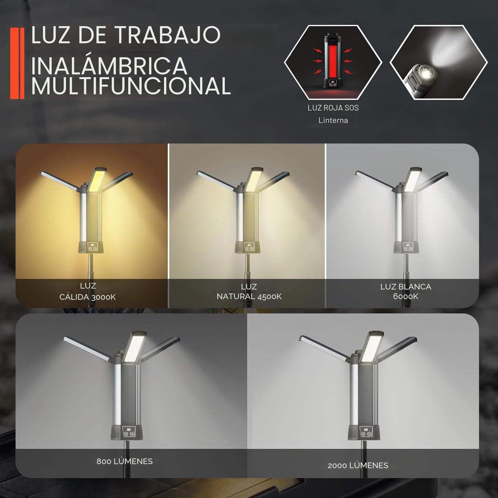 Lámpara Camping con 6000 mAh, 3 Temperaturas de Color Regulables, Superbrillante, Luz de Trabajo Inalámbrica Recargable, Con Trípode Extensible, 2000 Lúmenes, Para Camping, Reparación de Coches