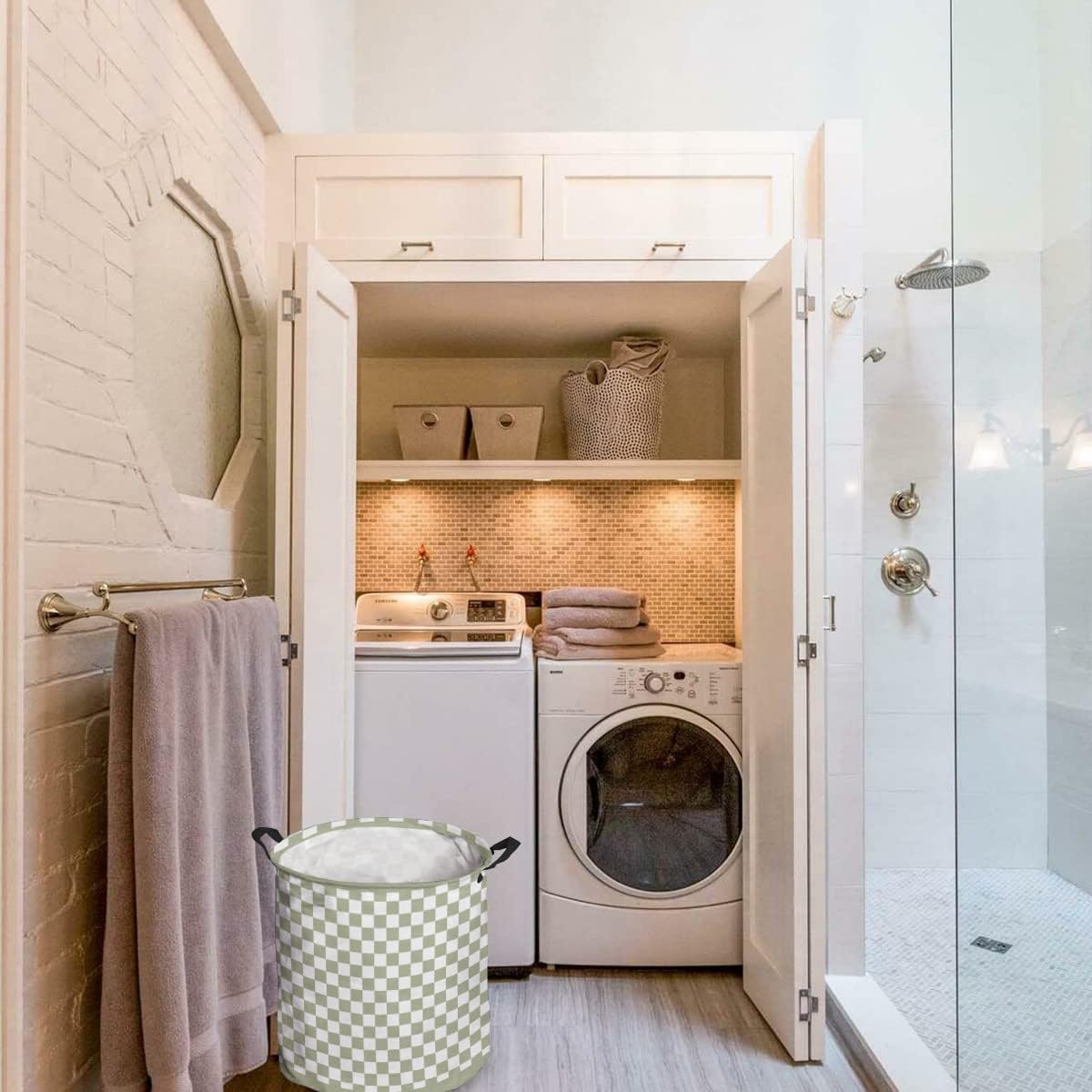 Laundry Basket Hamper with Handles, Sage Green Waterproof Laundry Bin Foldable Clothes Basket for Storage Clothing Modern Minimalism Checkered Plaid 16.5x17 Inch