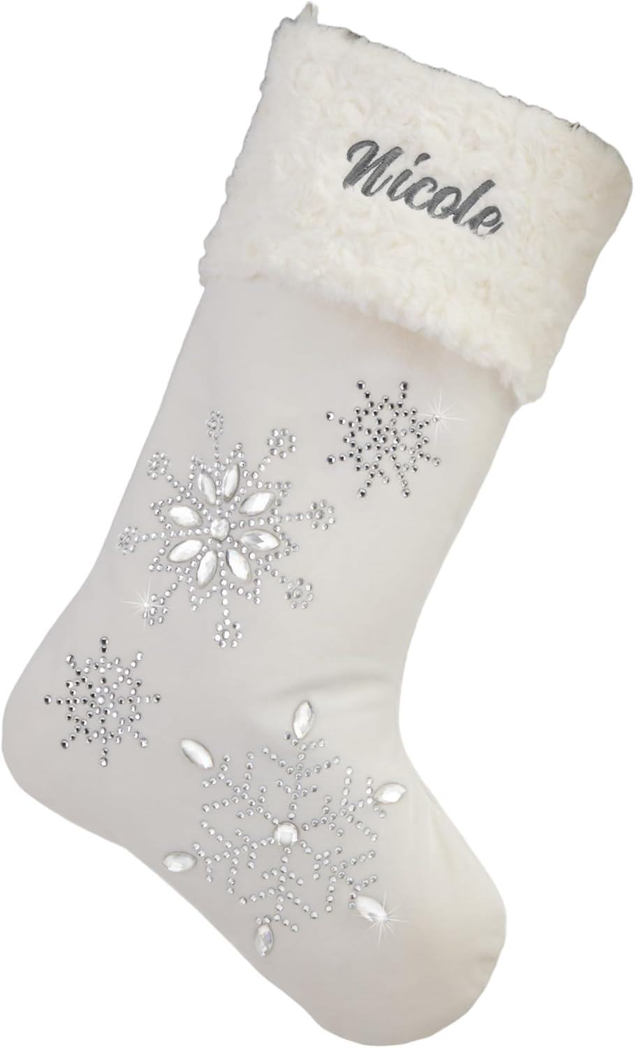 Personalization Universe Season's Sparkle Custom Embroidered Christmas Stocking with Clear Jeweled Snowflakes, Personalized Name, Velvet Material, Perfect Holiday Decor, 100% Polyester - Ivory