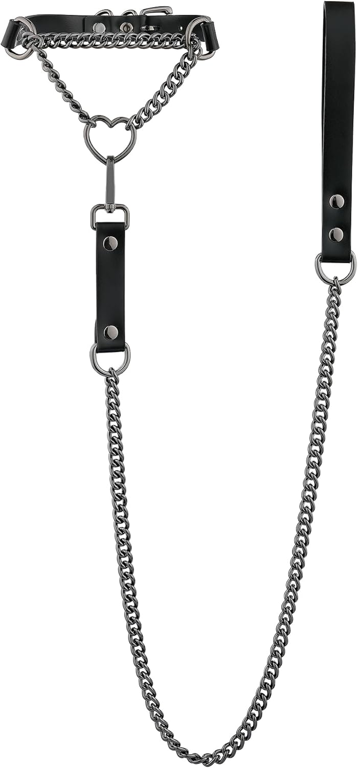 Heart O-ring Leather Choker Necklace For Women, Punk Gothic Black/Pink Slip Chain Necklace with Vegan Leather Swivel Clasp