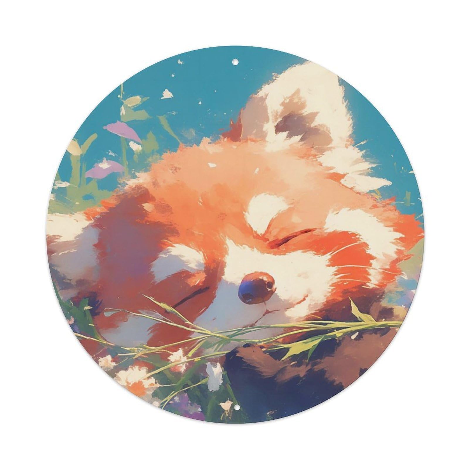 Animal Artwork Red Panda Sleeping in The Grass Vintage Metal Tin Sign Plaque Wall Decor for Cafe, Club Bar, Office, Garden Metal Poster 8x8Inch