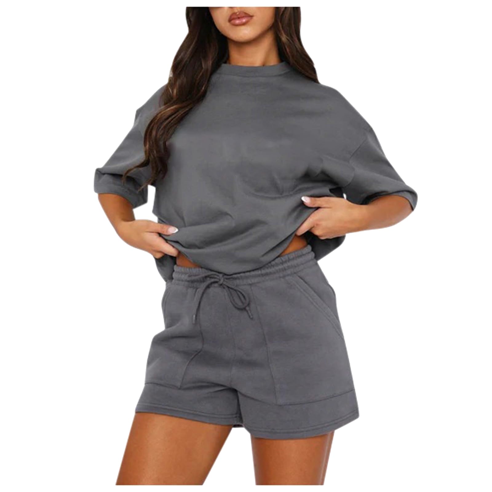 Veriliss Ropa Deportiva Femenina 2 Piezas Sudadera Deportiva De Verano Sudadera Deportiva De Cuello Redondo Sólido Sudadera Deportiva Femenina Mangas Cortas