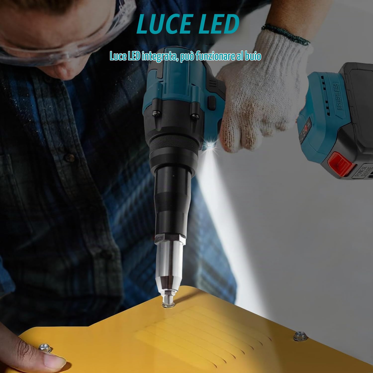 Rivettatrice Elettrica con doppia Batteria 98V 6Ah 250Nm 0-2600/0-3200Giri/min Motore Brushless per Rivetti Ciechi Ø3,2-4,8mm Rivettatrice Portatile con Luce LED