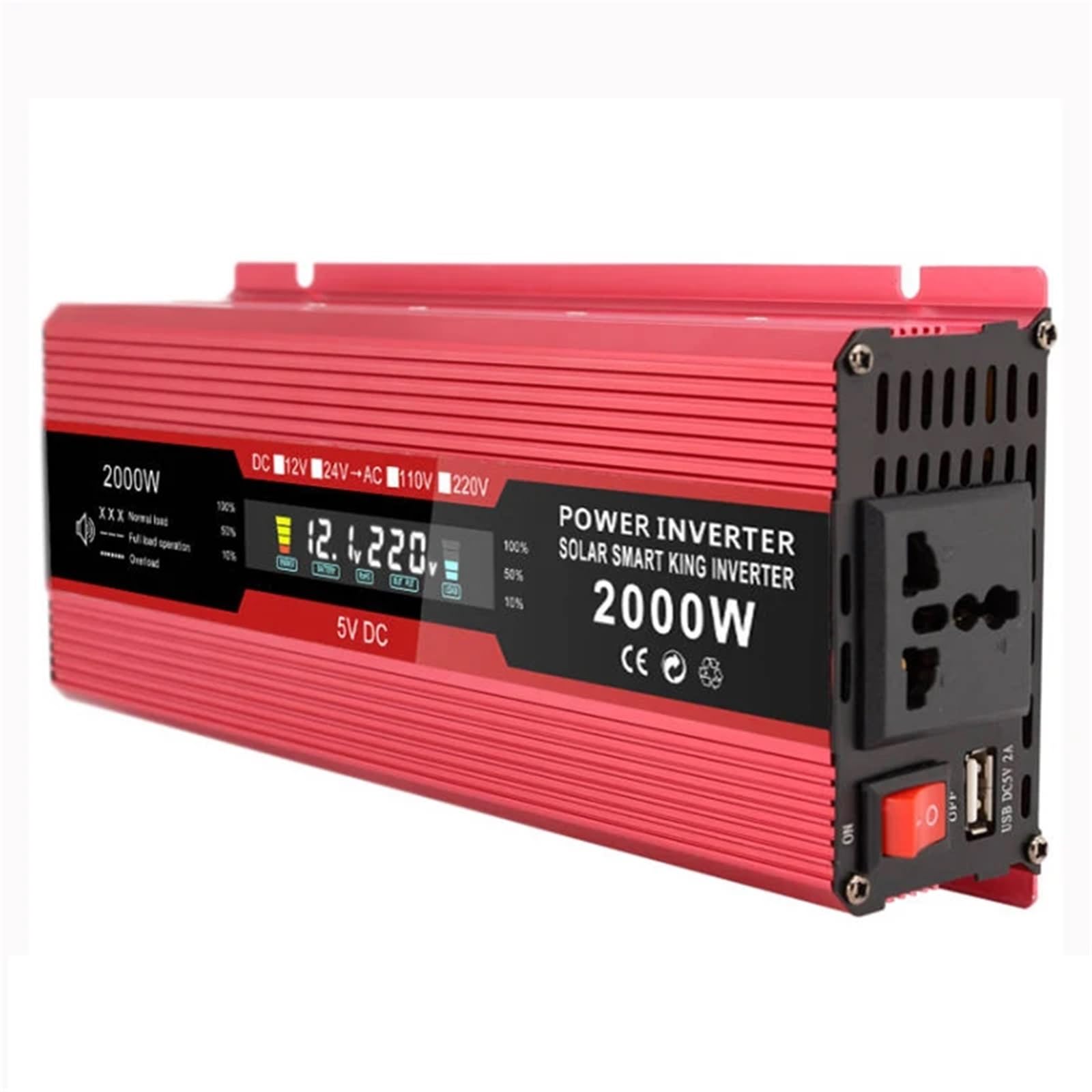 Inversor de Corriente for Coche, 2000W, Pico DC12V/24V a 220V, Enchufe Europeo, Pantalla LED de 50HZ, Onda sinusoidal modificada con enchufes de CA USB 2.1A(12V 220V EU)