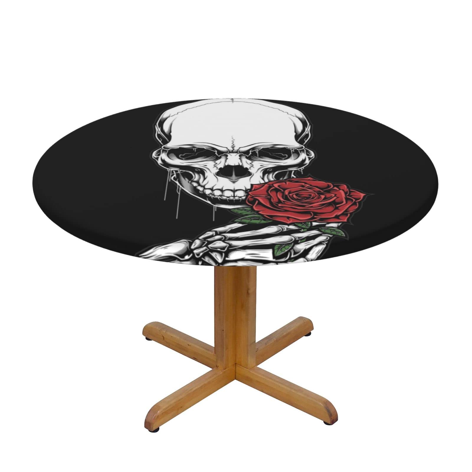 Lsjuee Round Fitted Tablecloth 40-44in Elastic Edged Table Cloth for Kitchen Dining Party Home Decor - Skull Rose Dark Death