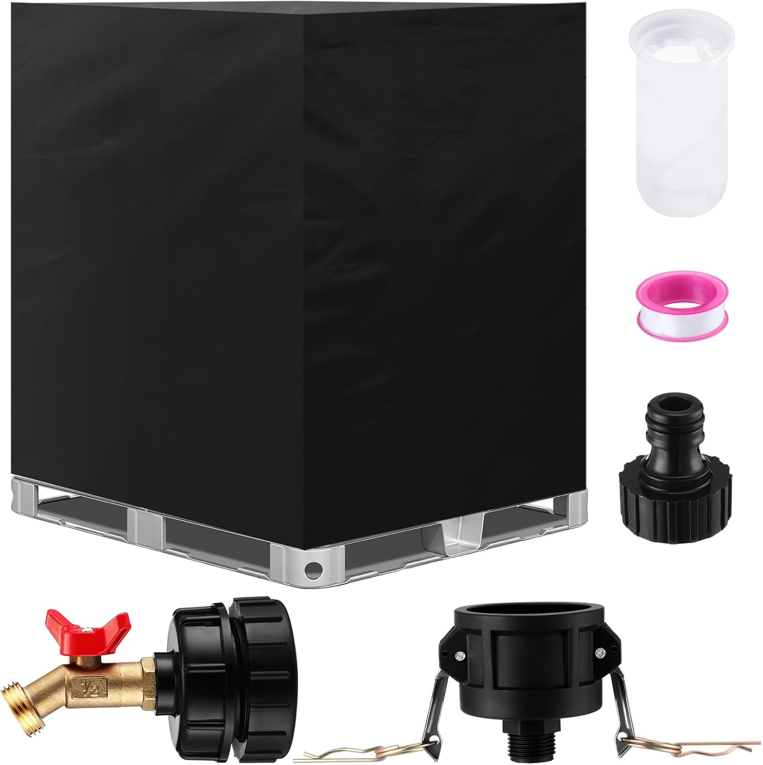 JaGely 5 Pcs IBC Tote Cover IBC Tote Adapter, 2 Inch Camlock Fittings and IBC Lid Filter Nylon Filter Screen for 275 Gallon IBC Tote Water Tank, 1000 L 420d Oxford Cloth Cover, Brass Hose Faucet