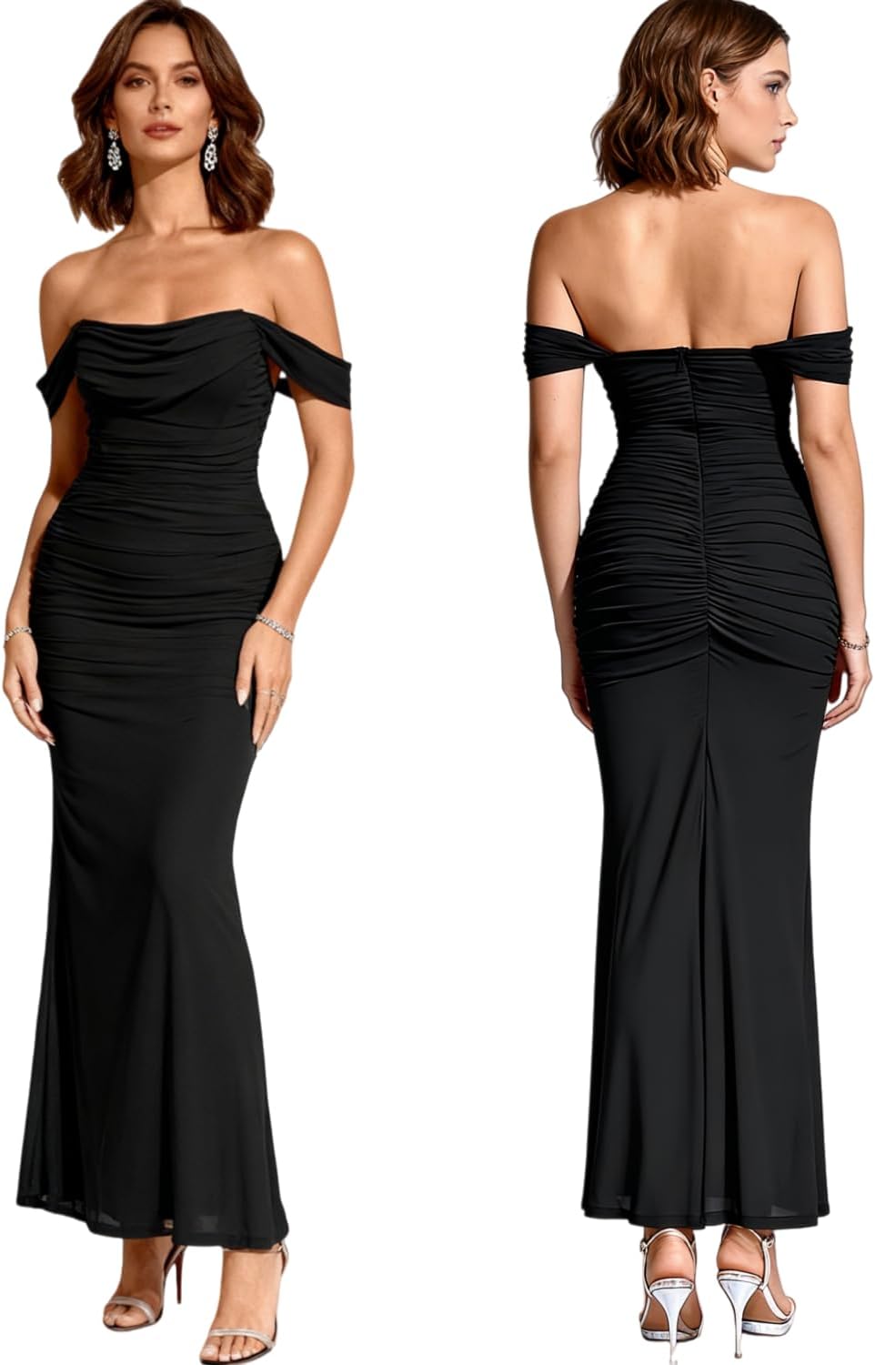 RARITYUS Women’s Off The Shoulder Wedding Guest Dress Ruched Mesh Bodycon Boned Corset Maxi Dress Cocktail Dresses