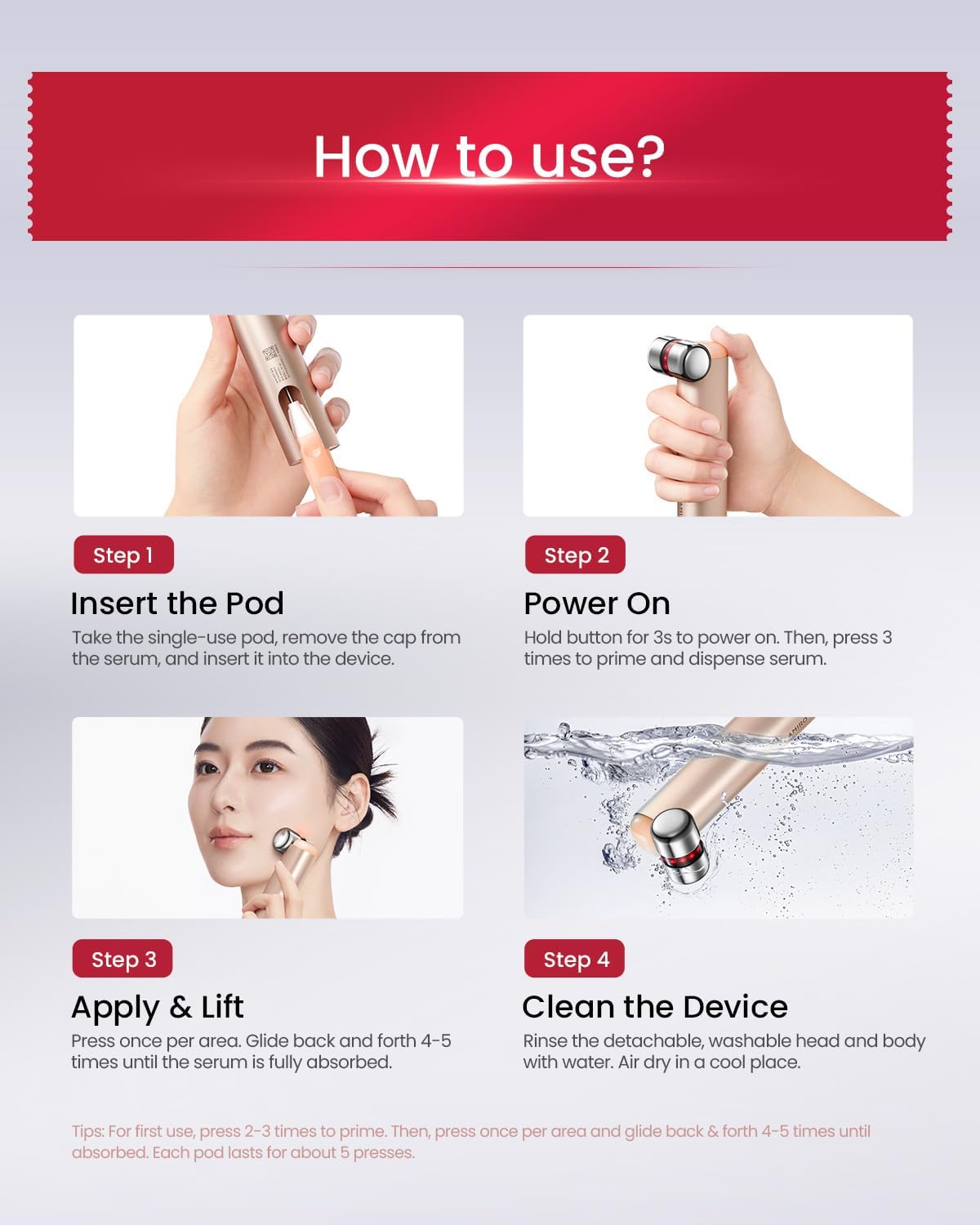 AMIRO HydraGlow Booster Facial Device, Skin Firming & Radiance Enhancing, Works with PDRN Serum, Portable at-Home LED Beauty Device