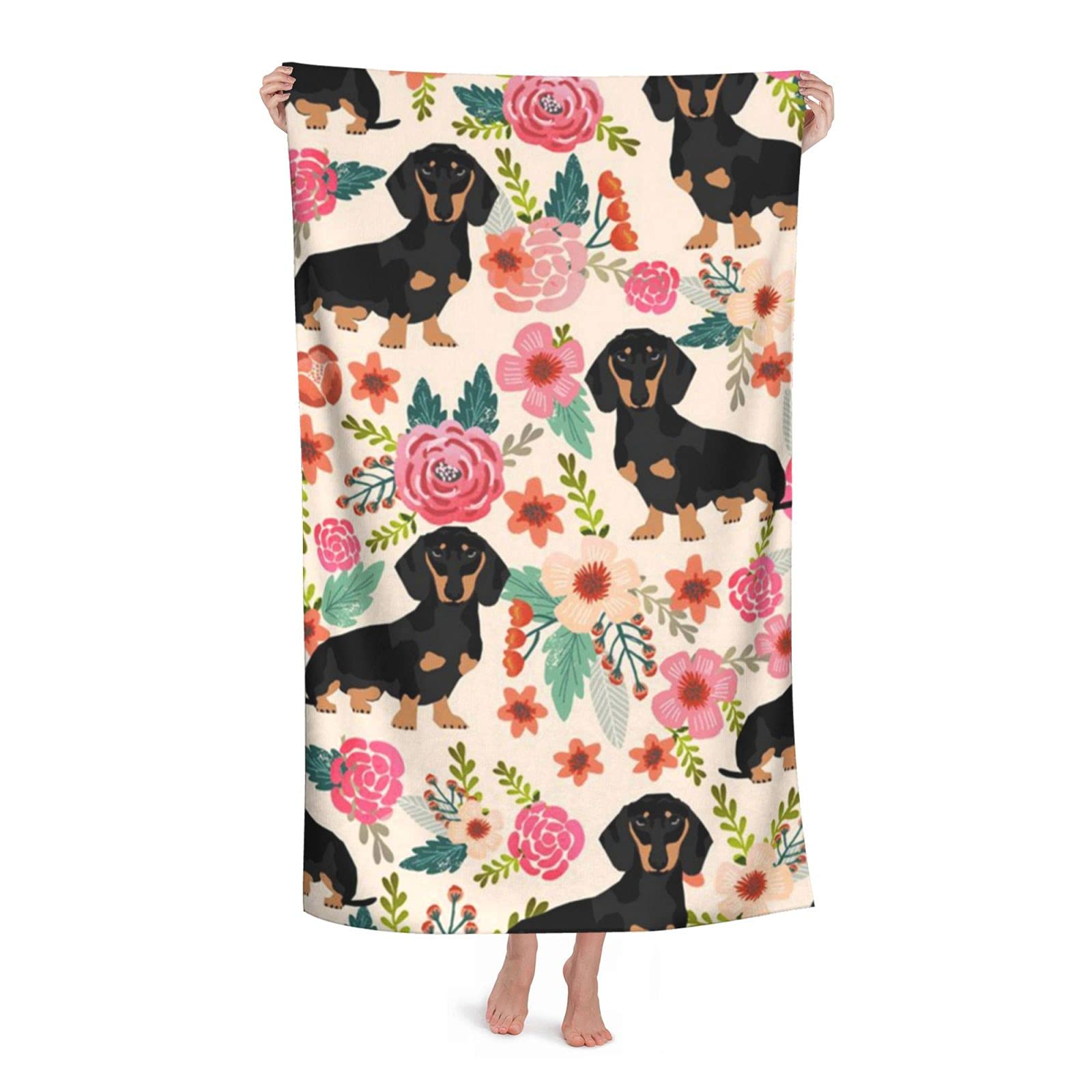 LSRCPD Flowers Pink Black Dachshund Beach Towel Highly Absorbent Microfiber Beach Blanket Soft Bath Towels 80 x 130 cm