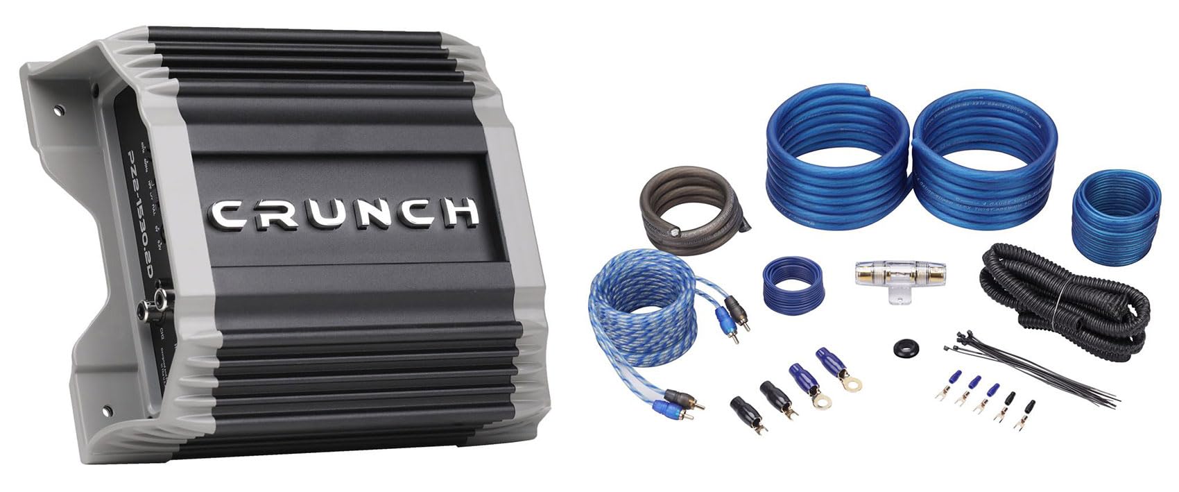 Audiosavings Bundle: (1) Crunch PZ2-1530.2D Compact 2 Channel 1500 Watt Class D Car Amplifier Bundle with (1) Rockville RWK41 4 Gauge Complete Car Amp Wiring Installation Wire Kit with RCA's (2 Items)