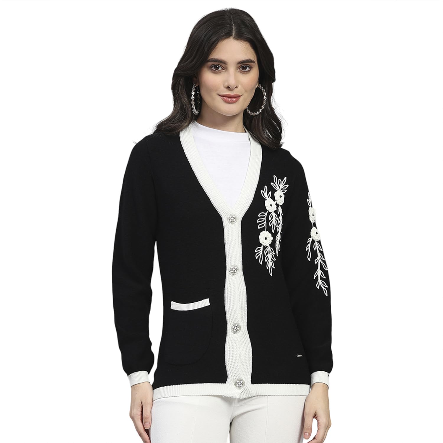 Women's Regular Fit Self Designed V Neck Button Closure Full Sleeve Winter Cardigan | Warm Woolen Buttoned Sweater for Ladies | Stylish Knitted Cardigan for Women's (Pack of 1)