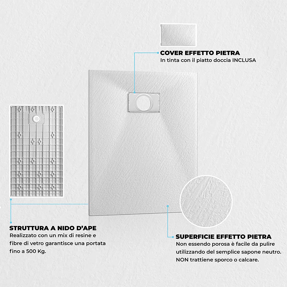 Piatto doccia in Resina, disponibile in diverse misure, design ultraslim con effetto pietra serie Agorà (70x170, Bianco)