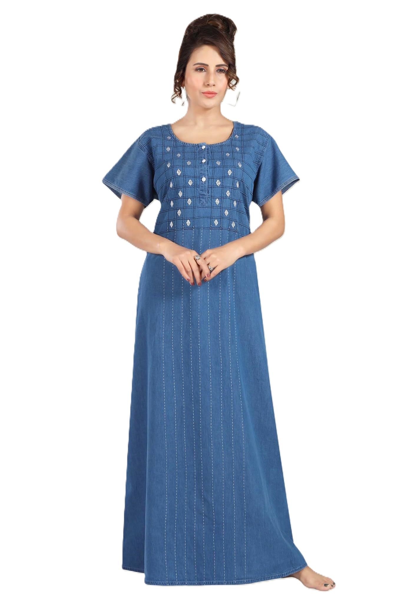 rikasa Nighty for Women | Denim Nighty for Women | Maxi Dress for Women 100% Cotton Soft Denim | Embroidered Neckline | Side Pockets | Short Sleeve-picture-34