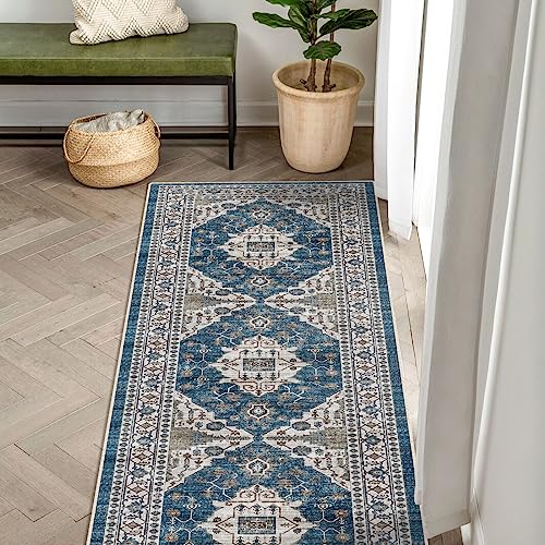 2x5 Washable Hallway Runner Rug: Indoor Farmhouse Entryway Kitchen Rugs Oriental Thin Non-Slip Water Resisitant Carpet for Bathroom Laudry Ultra Soft Floor Mat for Living Room Bedroom(2X5,Blue)