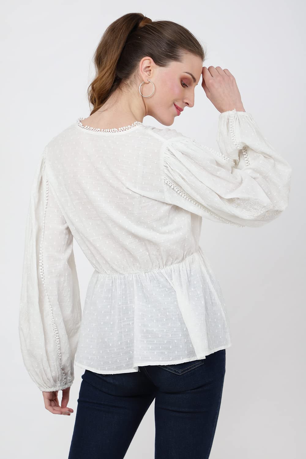 Miss Lavish London Peplum Tops for Women - Tops élégants et Chics à col en Vfemme - 101-Blanc cassé, Moyen