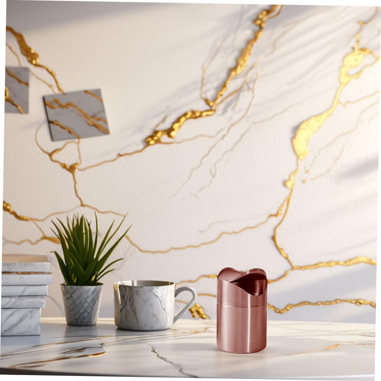 Levemolo Mini Cestino Scrivania in Acciaio con Piccolo Bidone Multifunzione per Bagno e Auto Compatto e Colore Oro Rosa
