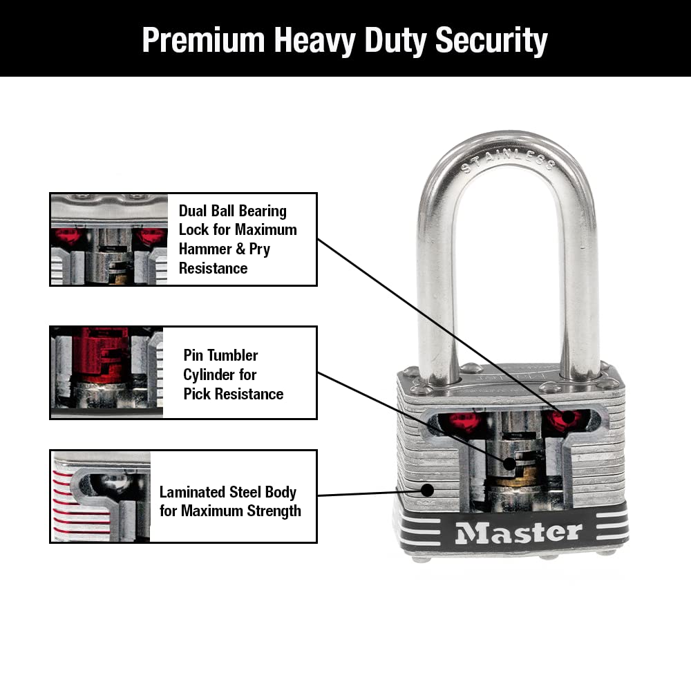 Master Lock 1SSQLFHC Candado Laminado de Acero Inoxidable, Plata, 1-1/2 Inch Shackle