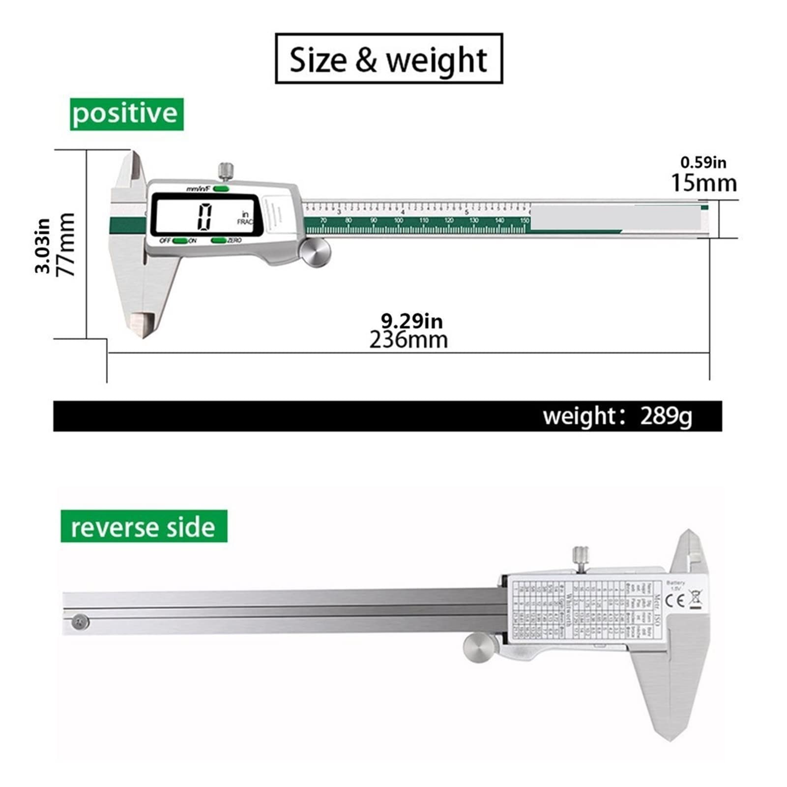 Calibro digitale, 150mm frazione/mm pollici in acciaio inox calibro digitale elettronico metallo calibratore