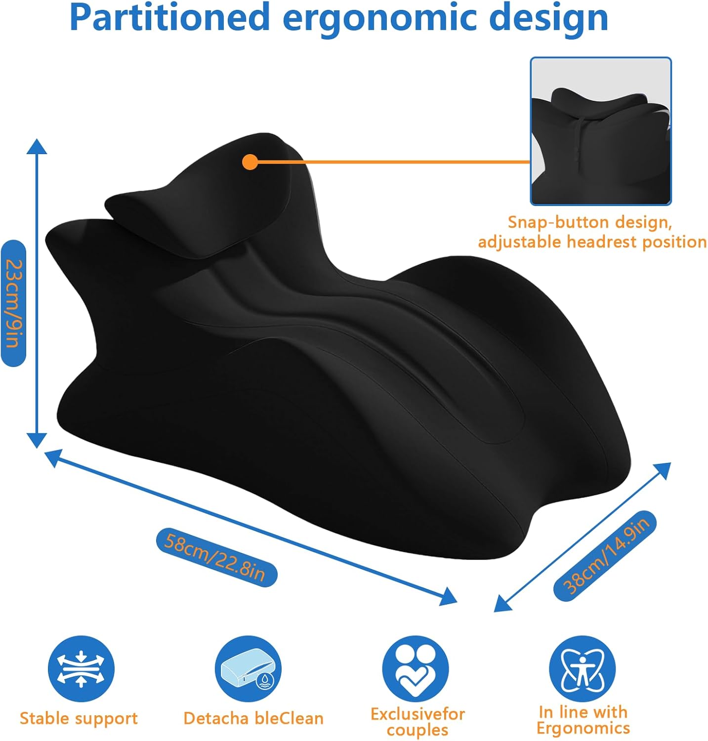 Memory Foam Wedge Pillow, Ergonomic Contoured Intimacy Couples Pillow, 27° Angled Neck Support Pillow Back Support Cushion, Multi-Functional Bed Position Pillow with Removable Cover Black