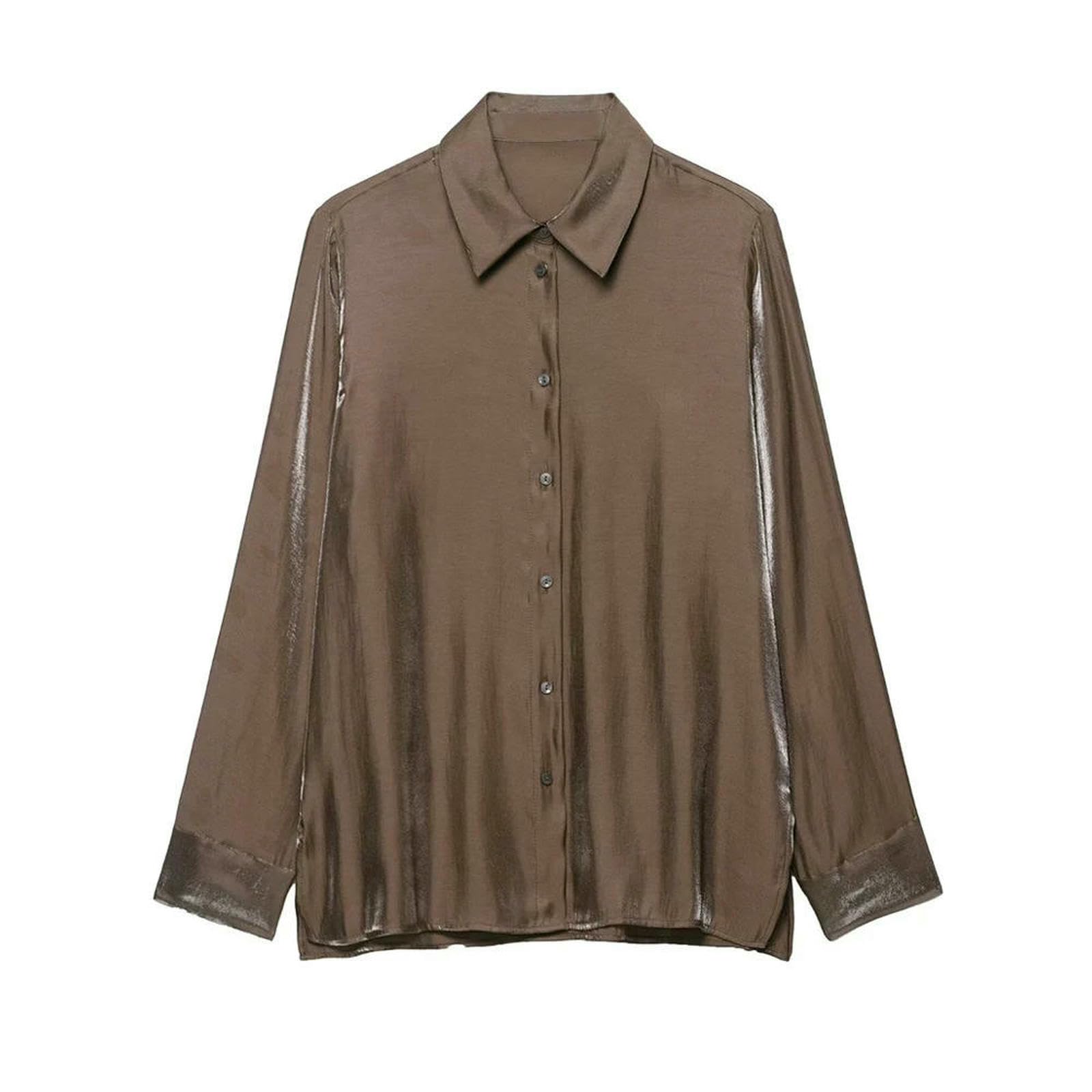 Chemisier Femme Chic et élégant Boutonné À Manches Longues pour Femmes, Chic, Marron, Fluide, Haut Féminin, Tenue Décontractée Élégante-comme Image-XS