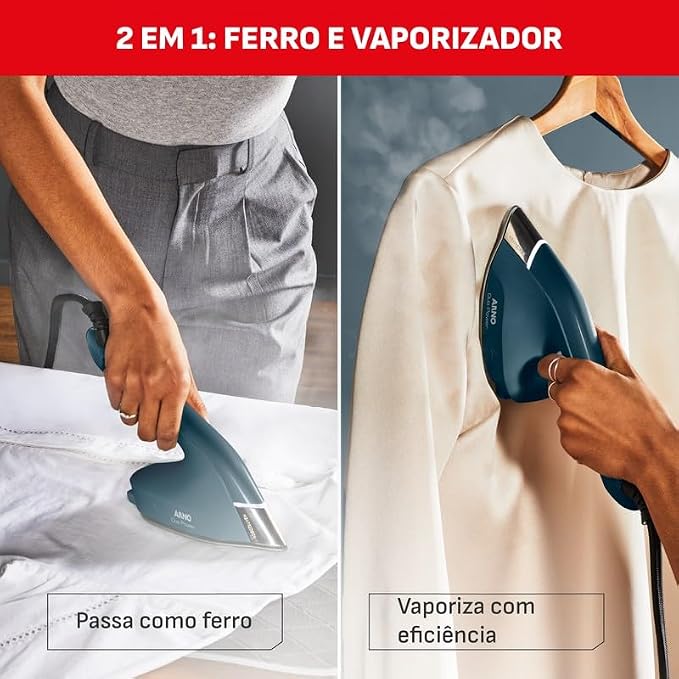 Colagem mostrando o uso do ferro na tabua e a vaporizacao de uma camisa no cabide