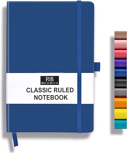 RICCO BELLO Cuaderno de tapa dura a rayas, clásico, para colegio o diario, cierre de banda elástica, soporte para bolígrafo, bolsillo interior, 5.7