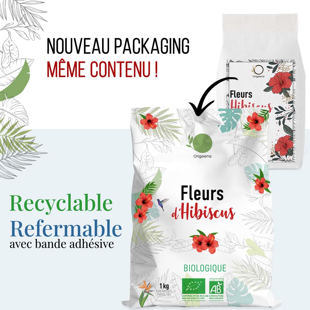 ORIGEENS HIBISCUS BIO 1kg Grade Supérieur | Fleur Hibiscus pour Bissap, Karkadé, Thé glacé, Infusion et Tisane | Infusion Detox Drainante | Fleurs d'Hibiscus Séchées Bio