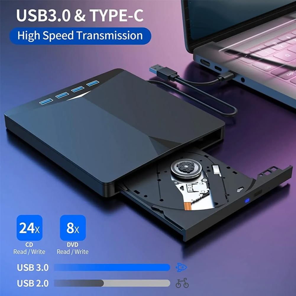 Bloepum USB 3.0 Type-C External DVD RW CD Drive Burner Reader Player External Optical Drive for PC Laptop Desktop Computer