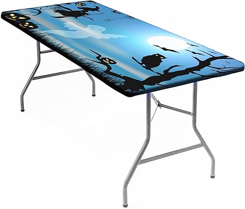 RWNFA Mantel ajustable de fantasma de Halloween, diseño de calabazas y búhos azul y luna grande, borde elástico, mantel rectangular para picnic al
