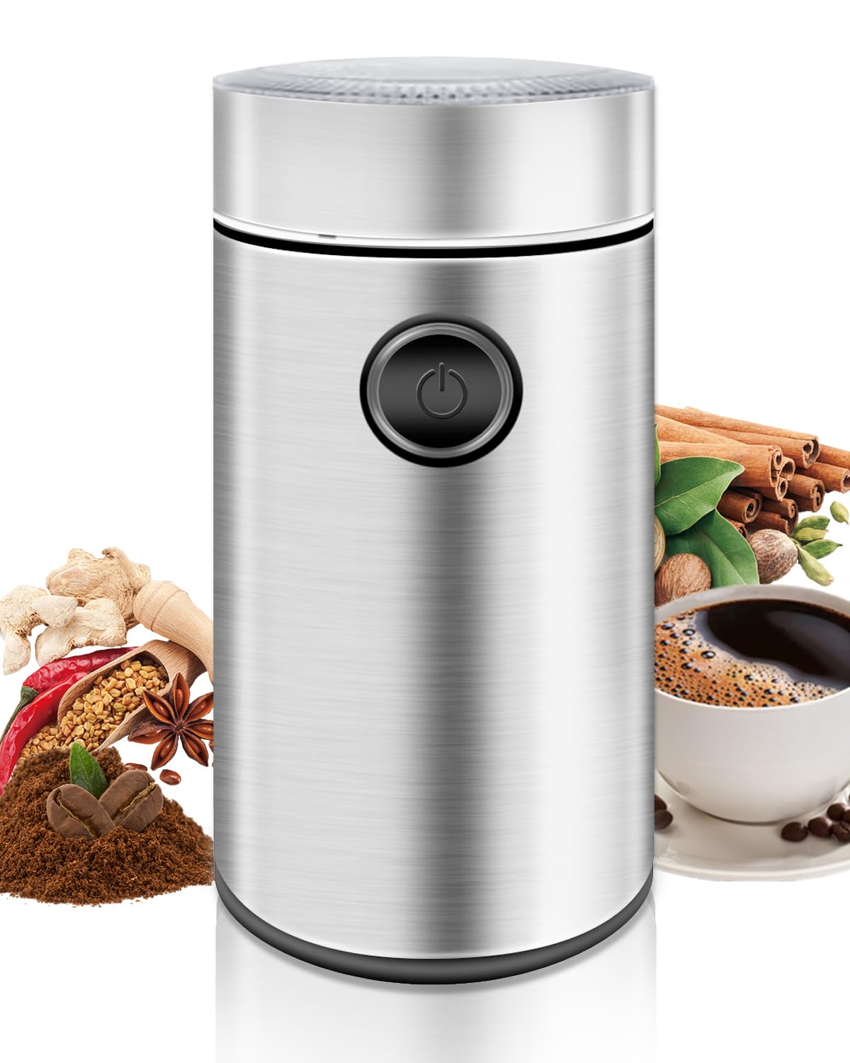 Macinacaffè Elettrico in Acciaio Inossidabile, 150W 22000 RPM Ad Alta Velocità, Capienza 50g, Macinino Compatto per Caffè, Noci, Spezie, Zucchero (9.7x9.7x17.8cm)