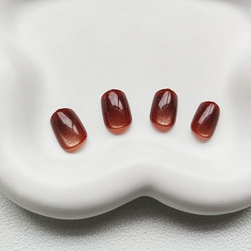 Miniatura 2 de Uñas postizas cuadradas a presión de ojo de gato, uñas postizas de color marrón medio con diseño, uñas acrílicas brillantes, uñas artificiales