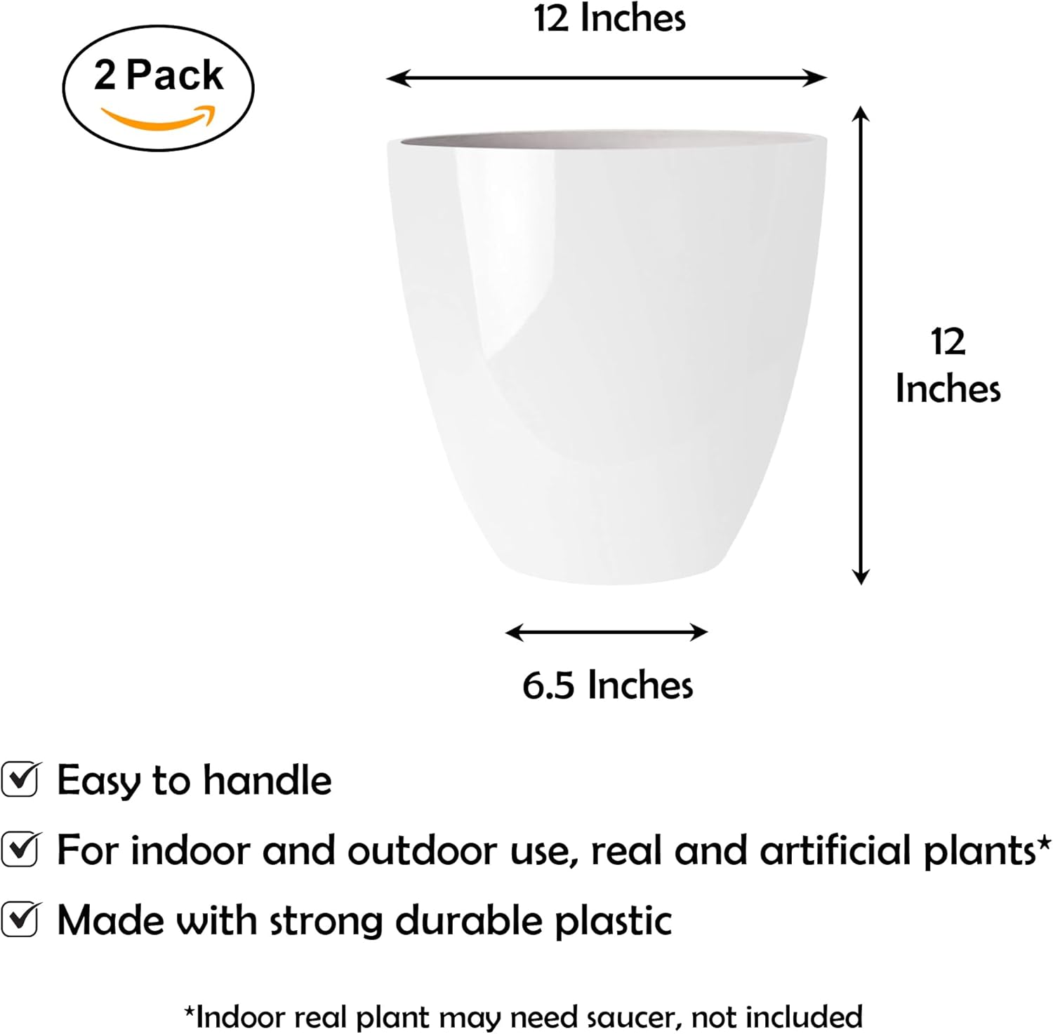RUBBER BOND 2-Pack Plastic Planter Pots, 12-Inch Height, Round Shape, White Glossy Finish – Lightweight and Weather-Resistant Flower Pots for Indoor and Outdoor Use