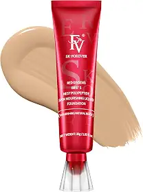 FV Base líquida Dewy, fórmula hidratante suave e leve, cobertura média total de longa duração com acabamento natural, base impermeável para pele seca/mista, 30 g, bege nutritivo