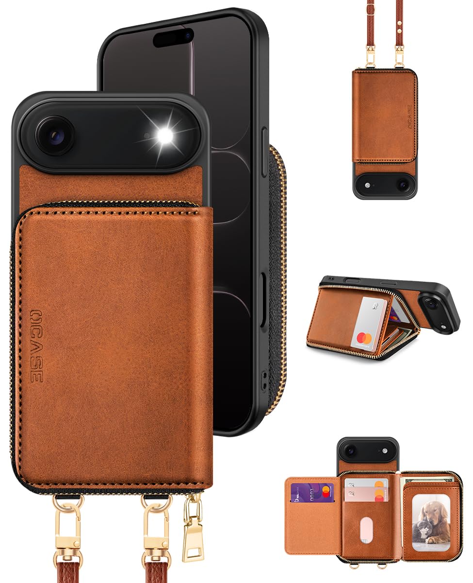 OCASE Custodia Portafoglio per iPhone Air, Custodia in Pelle con Cerniera, Porta Carte con Blocco RFID, con Tra Collo Regolabile Rimovibile, Protettiva Antiurto Cover per iPhone Air, Marrone