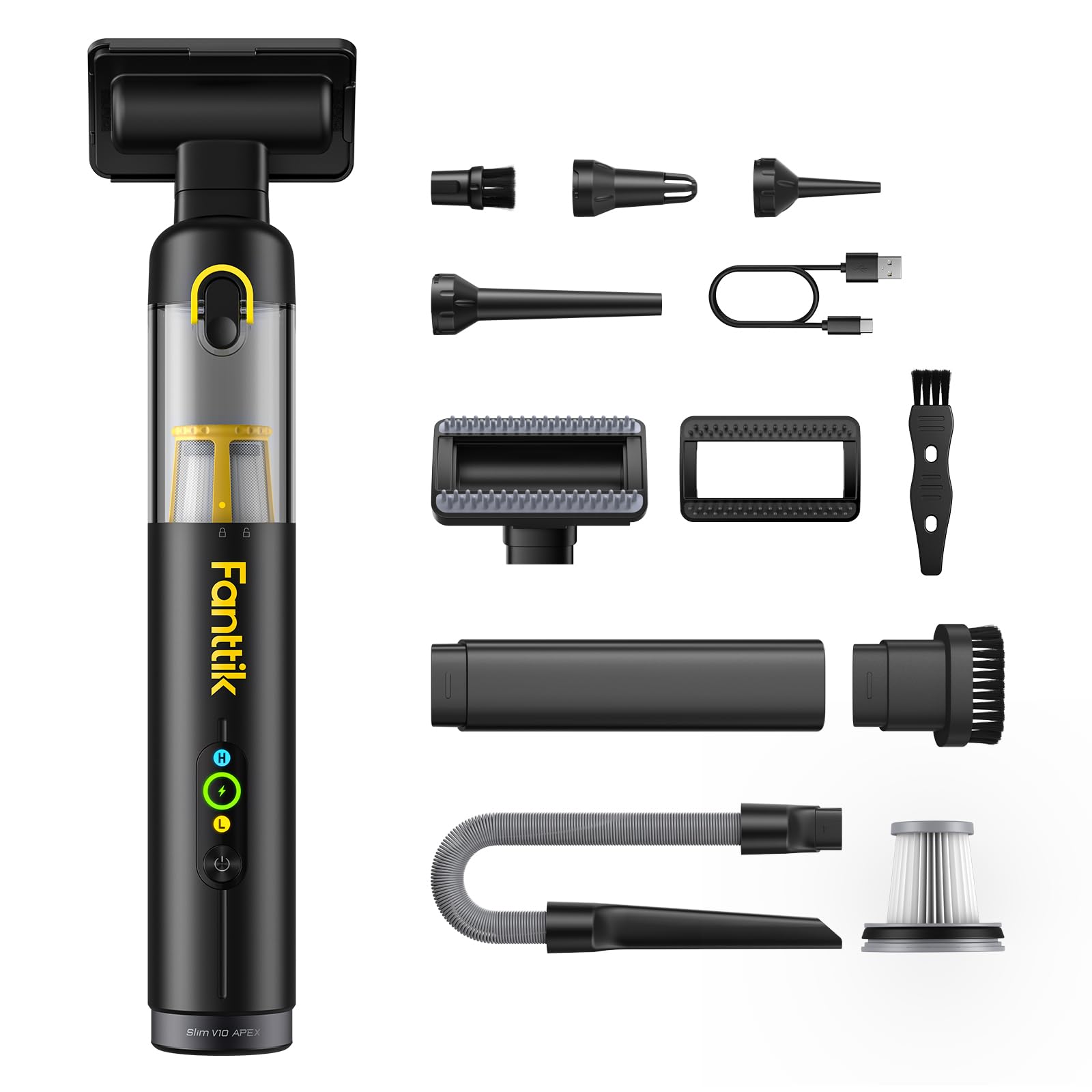 Fanttik Slim V10 APEX コードレス車用掃除機 ハンディクリーナー 4in1 小型軽量 19kPa強力吸引 2段階吸引モード デジタルディスプレイ搭載 車内/オフィス/デスク/キーボード掃除用