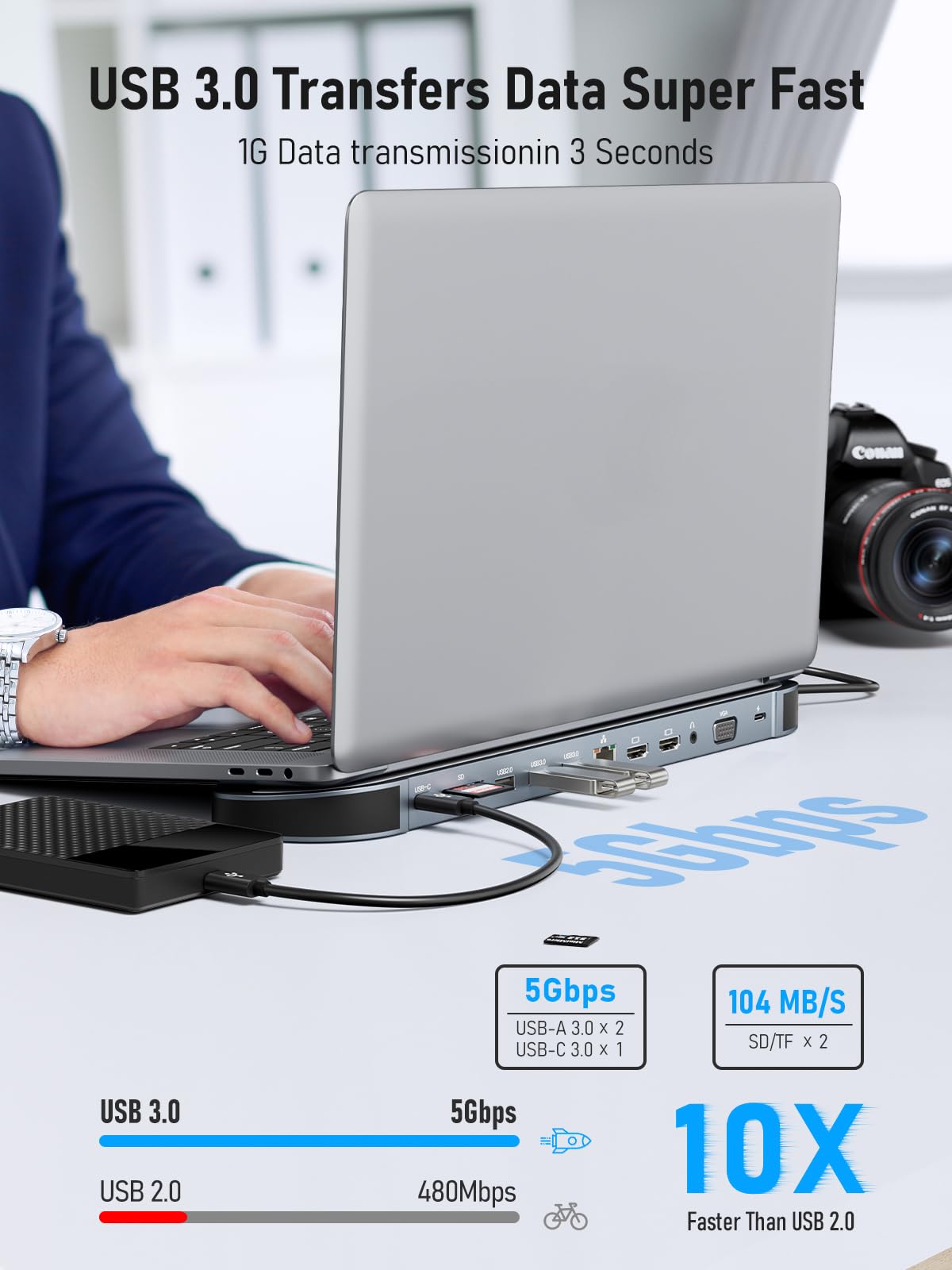 Alluminio Docking Station USB C 3 Display Gigabit Ethernet Hub USB C 2 HDMI 4K, 3 USB A, USB C Data, PD100W, SD TF, VGA, Audio, 1000M RJ45 Multiporta Adattatore MacBook con Supporto per Laptop -12in1