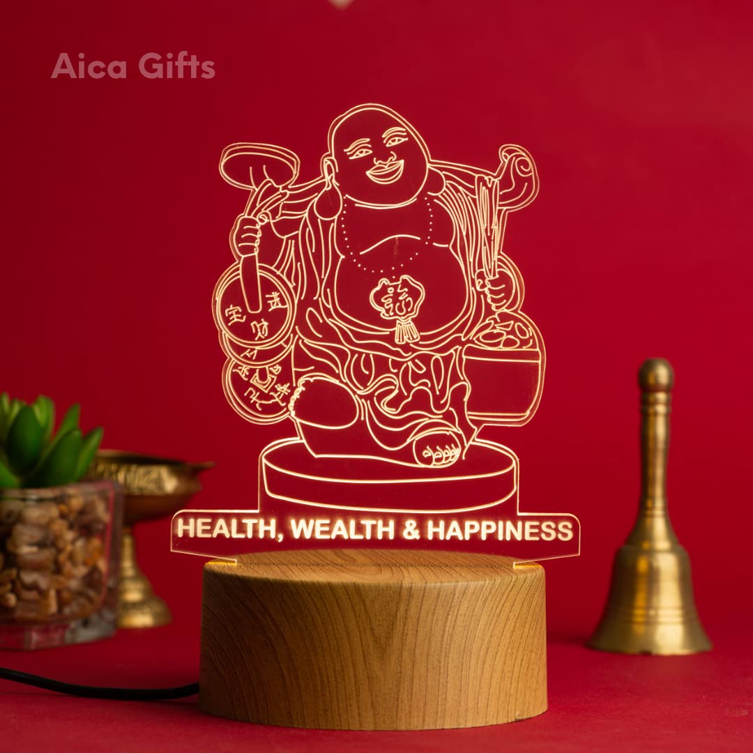 AICA Laughing Buddha for Good Luck LED LAMP – Warm Yellow Light, Wooden Texture Base | Laughing Buddha Statue Gifts for Living Room, Home Décor, House Warming | Showpiece for Gift,Living Room