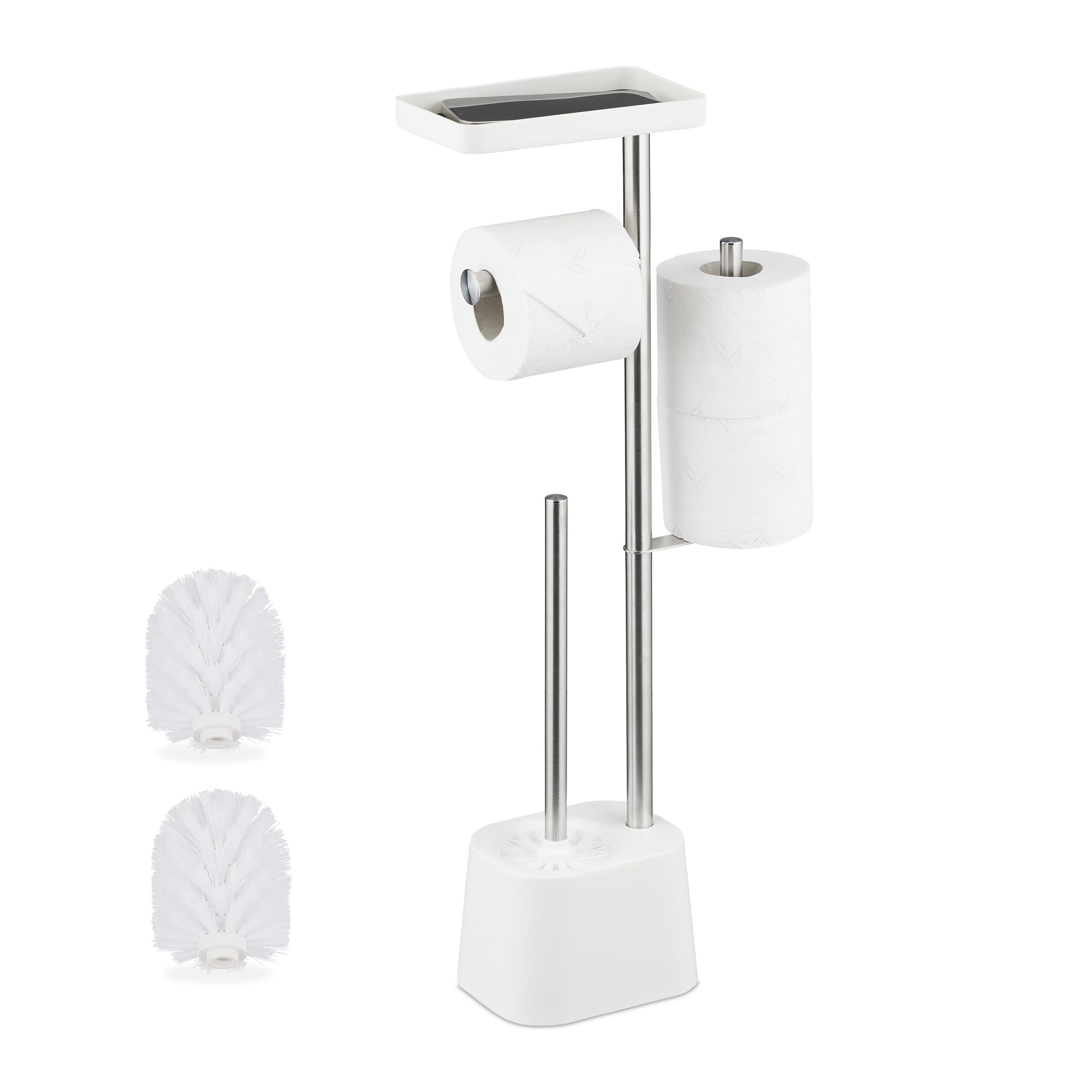Relaxdays toilet set, HWD: 65.5 x 29 x 11 cm, freestanding toilet roll holder with brush, spare holder, shelf, white