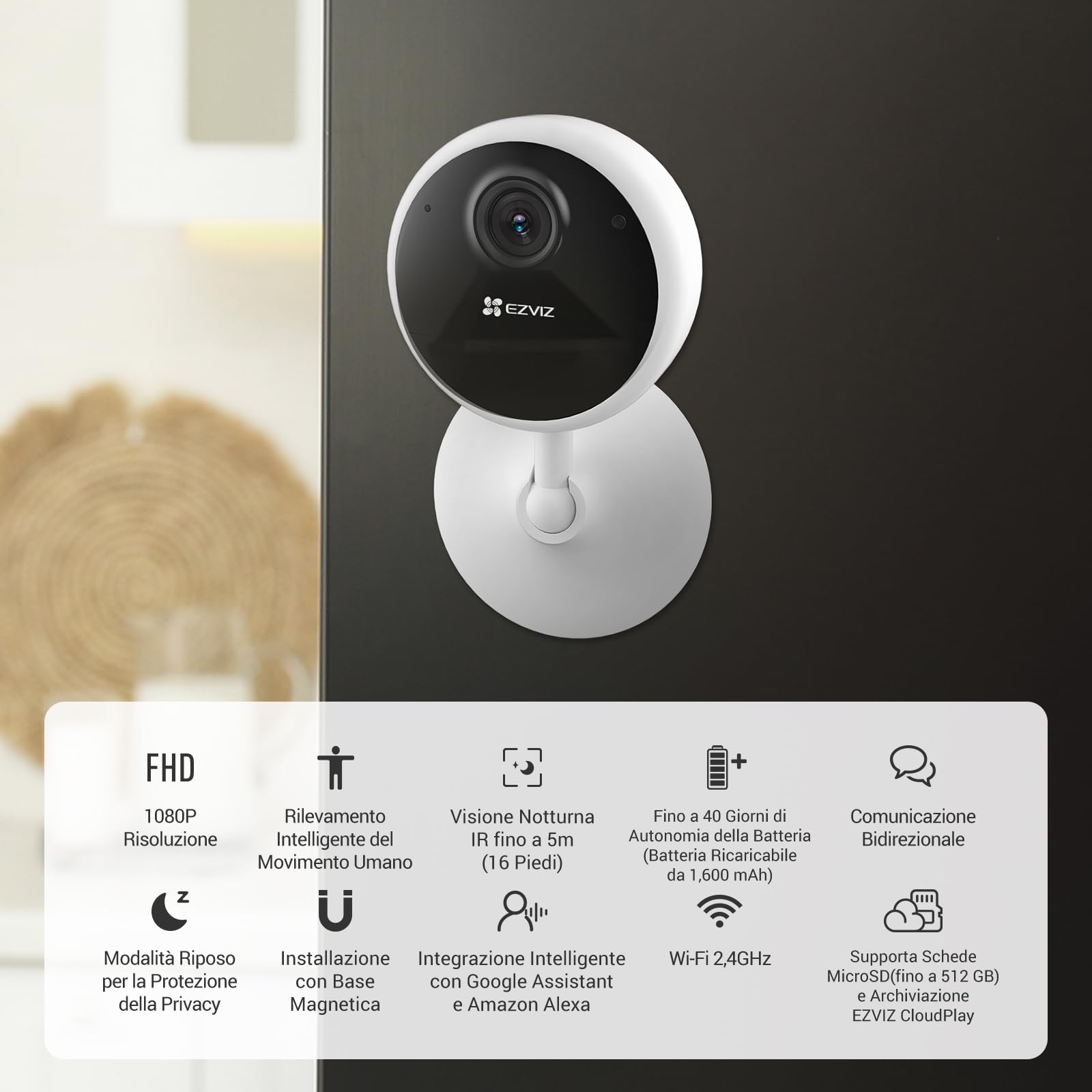 EZVIZ Telecamera di sorveglianza WiFi interna con batteria, Camera di sicurezza IP 1080P, Rilevamento di persone, Audio bidirezionale, Supporto di schede fino a 512GB, Compatibile con Alexa, CB1