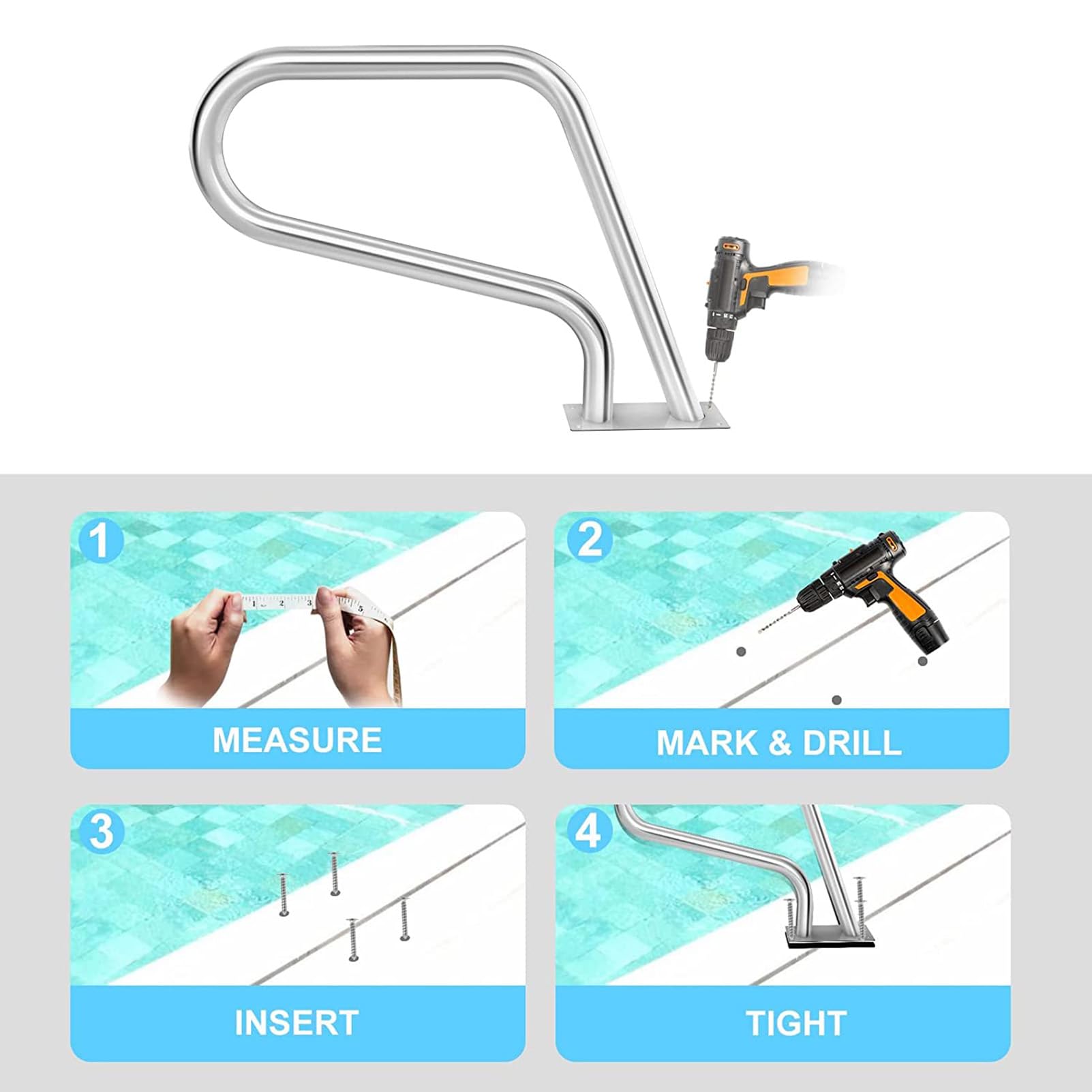 Barandilla de la piscina, 32x23Inch Inground Pool Rails, 330 LBS capacidad de carga, 304 de acero inoxidable piscina barandilla de la escalera con la cubierta de agarre y accesorios de montaje rápido