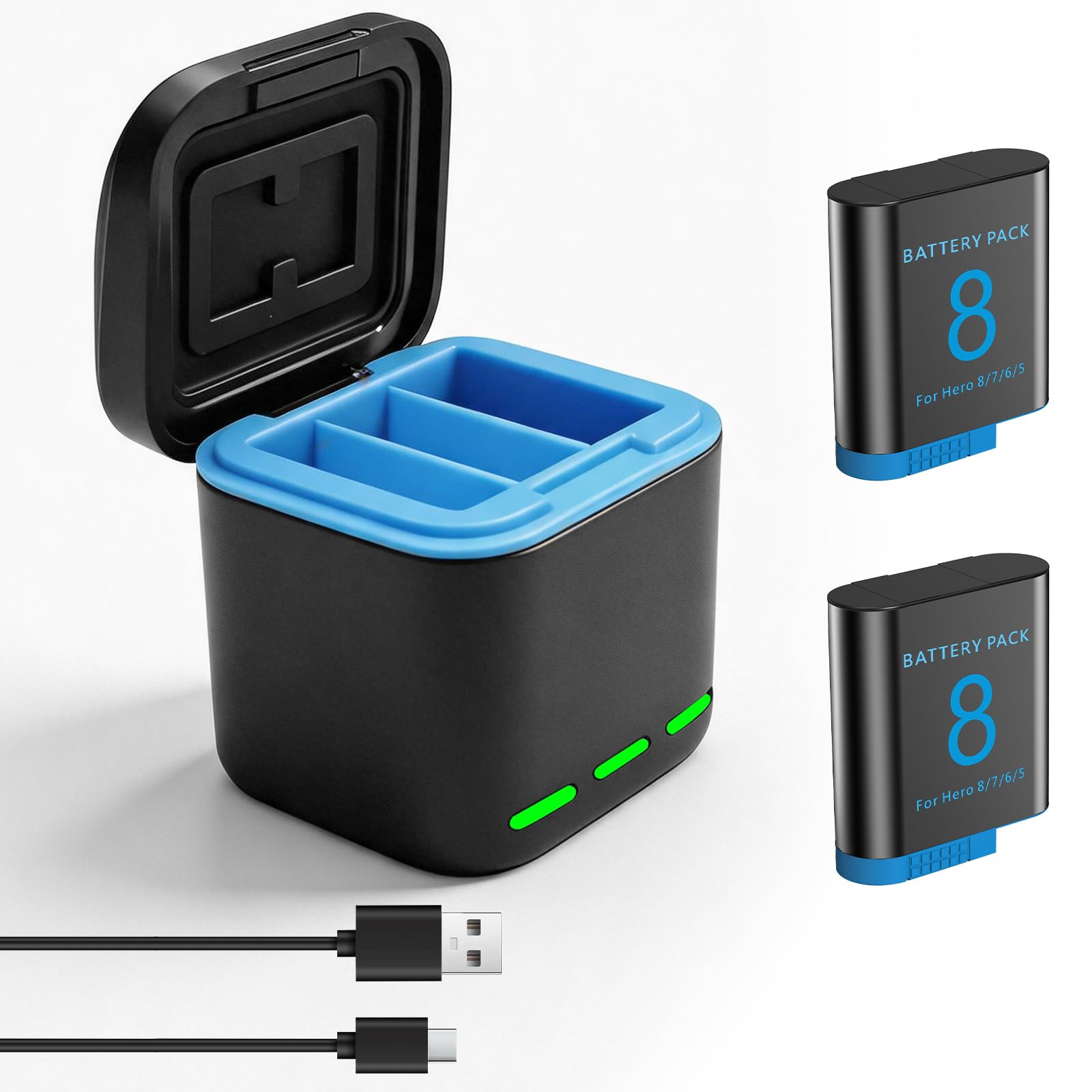 Lot de 2 batteries Hero 8 + chargeur à 3 ports compatibles avec GoPro Hero 8/7/6/5/2018 Noir