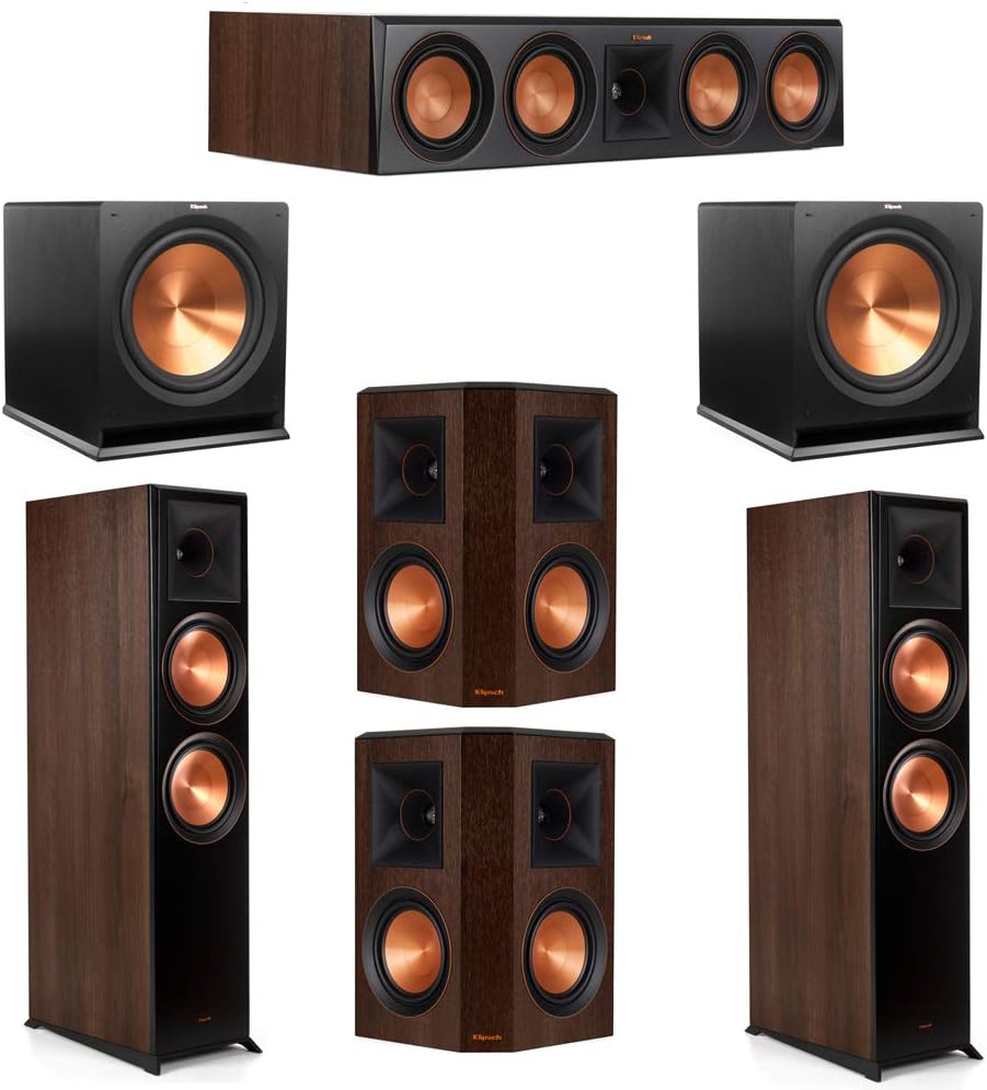 Klipsch 5.2 Walnut System 2 RP-8000F Floorstanding Speakers, 1 Klipsch RP-504C Center Speaker, 2 Klipsch RP-502S Surround Speakers, 2 Klipsch SPL-120 Subwoofers
