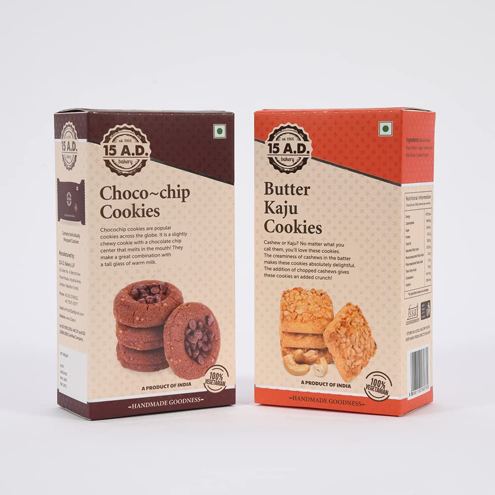 15 A.D. Bakery LLP Chocochip and Butter Kaju Cookies Combo of 2 (200gm Each) Handmade Traditional Pure Vegetarian Cookies | Symphony of Flavours (400 gm)