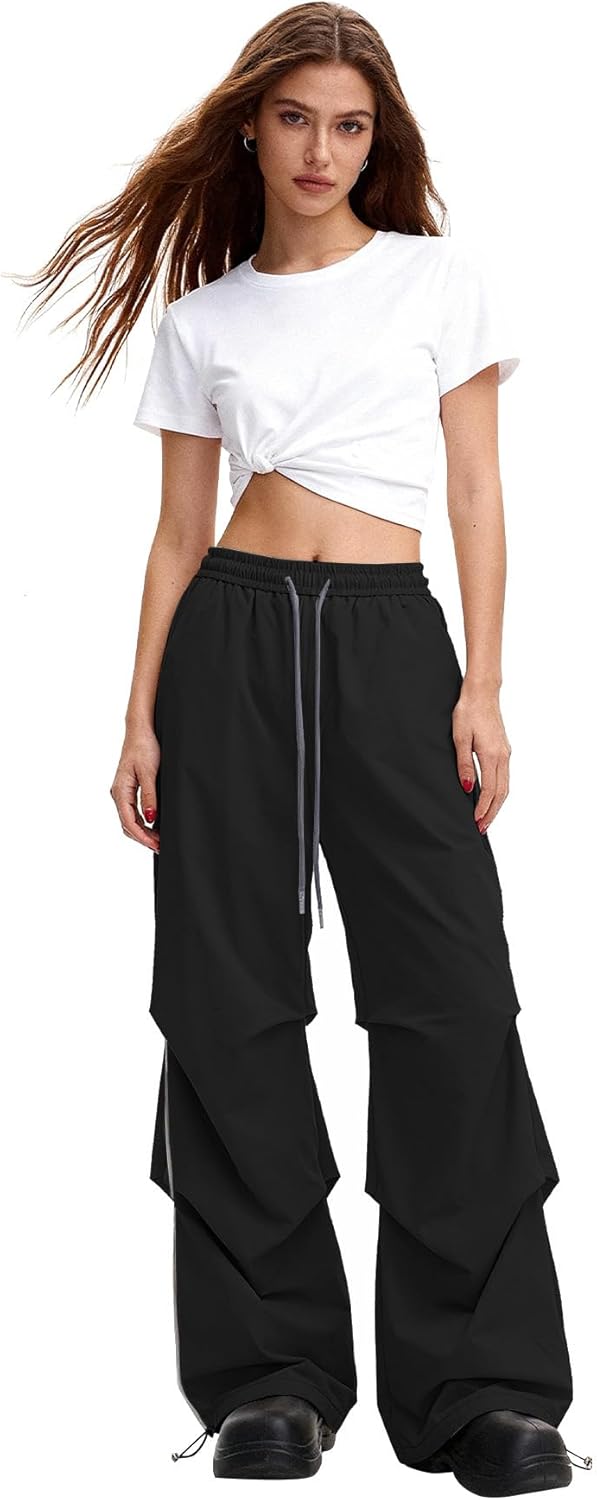 Bakyarder Women’s Y2K Baggy Parachute Pants High Waist Wide Leg Casual Track Pants with Adjustable Drawstring Waist - Image 2